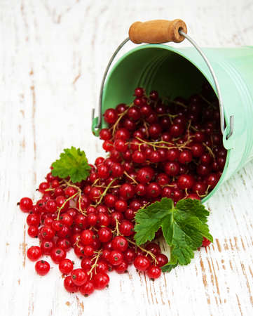 fresh red currant on a old wooden tableの写真素材