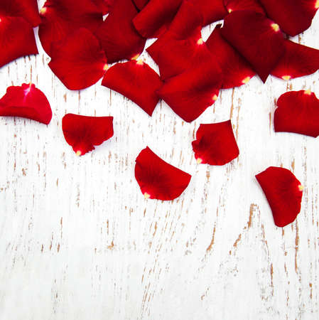 Red roses petals  on a old wooden backgroundの写真素材