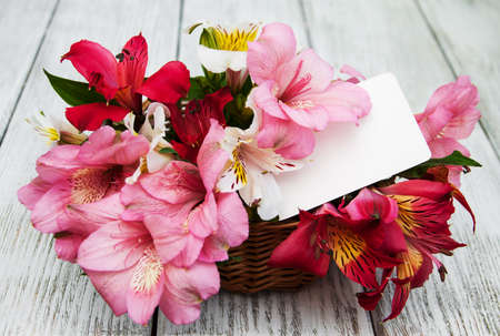 beautiful bouquet of pink alstroemeria in the basketの写真素材