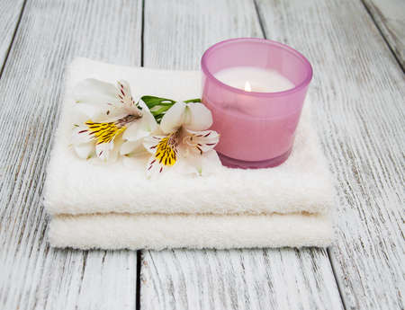 Spa composition with alstroemeria flowers on wooden backgroundの写真素材