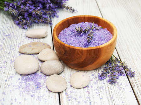 Lavender and massage salt on a old wooden backgroundの写真素材