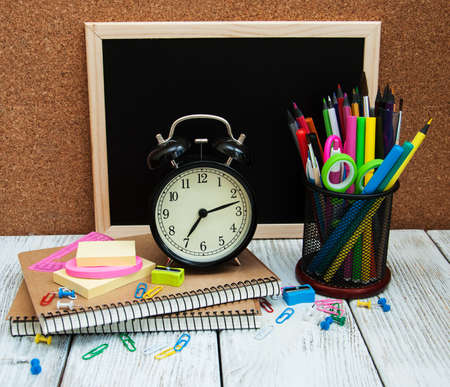 School office supplies on the wooden tableの写真素材