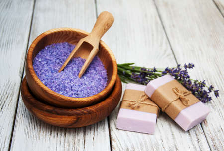 Lavender with soap on a wooden backgroundの写真素材