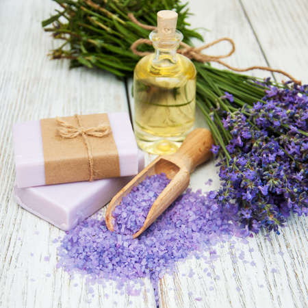 Lavender with soap on a wooden backgroundの写真素材
