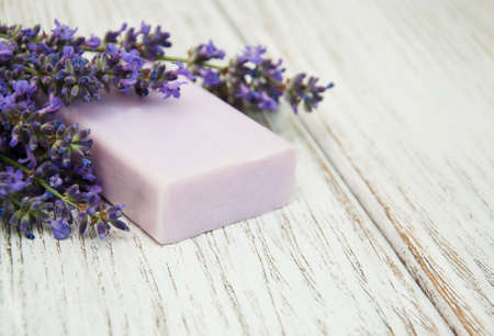 Lavender with soap on a wooden backgroundの写真素材