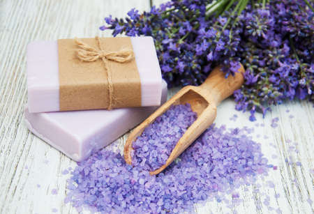 Lavender, sea salt and soap on a wooden backgroundの写真素材