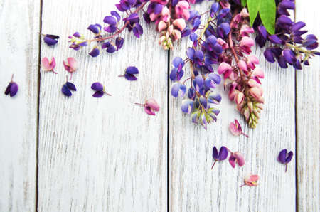Lupine flowers on a old wooden tableの写真素材