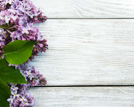 Lilac flowers on a old wooden backgroundの写真素材