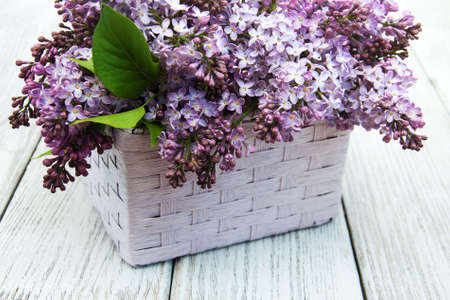Lilac flowers on a old wooden backgroundの写真素材