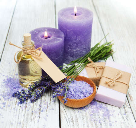 Lavender with soap on a wooden backgroundの写真素材