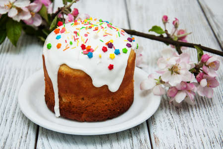 Easter bread and eggs with apple blossom