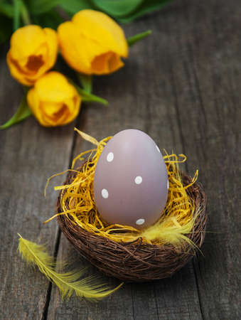 Easter egg in the nest  on a old wooden background