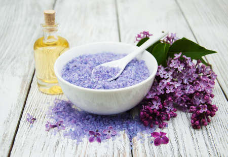 Massage and spa products with lilac flowersの写真素材
