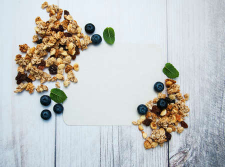 Granola and blank recipe paper on a table Granola and blank recipe paper on a table