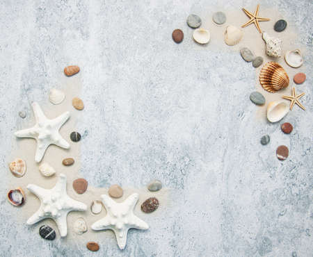 Summer background seashells and starfish border on sandの写真素材
