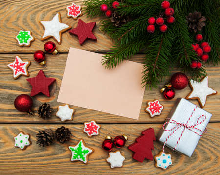 Christmas holiday background - cookies, baubles and cardの写真素材