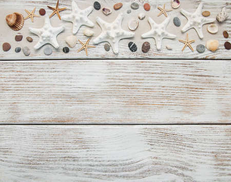 Summer background seashells and starfish border on sandの写真素材