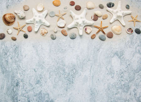 Summer background seashells and starfish border on sand