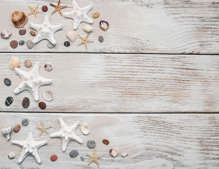 Summer background seashells and starfish border on sandの写真素材