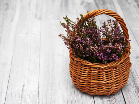 Basket with heather flowers on a tableの写真素材