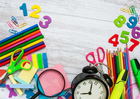 Back to school concept - school supplies on a tableの写真素材