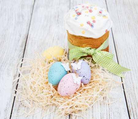 Easter bread and eggs with spring  blossom