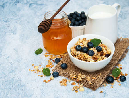 Bowl with granola and blueberries on a tableの写真素材