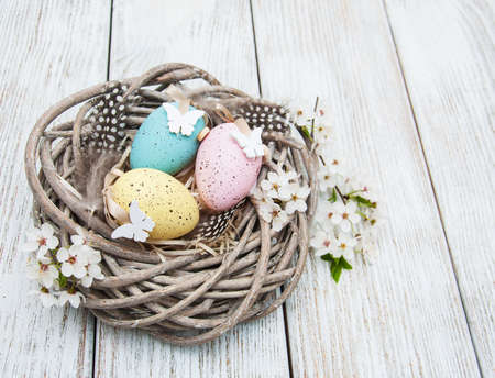 Easter eggs and spring  blossom on a old wooden background
