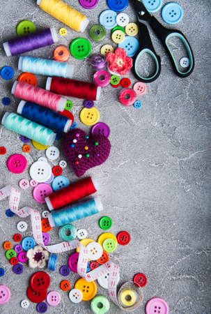 Set of accessories for tailoring on a tableの写真素材