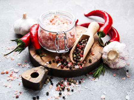 Pink salt and spice, ingredients for cookingの写真素材