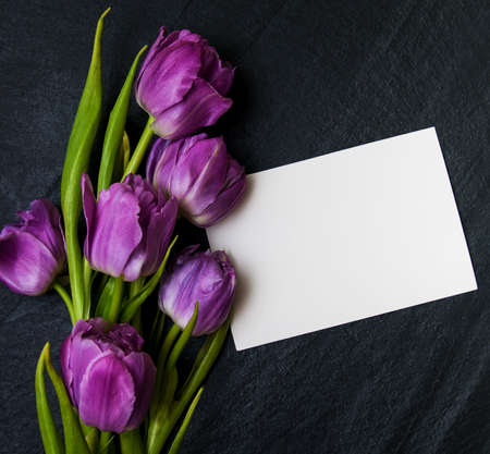 Spring tulip flowers on a black stone tableの写真素材