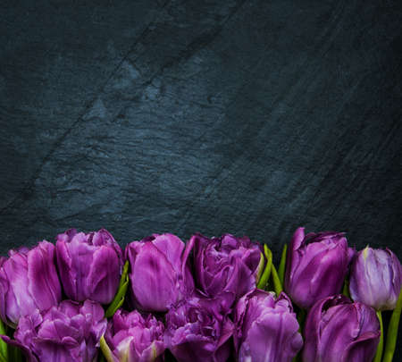 Spring tulip flowers on a black stone tableの写真素材