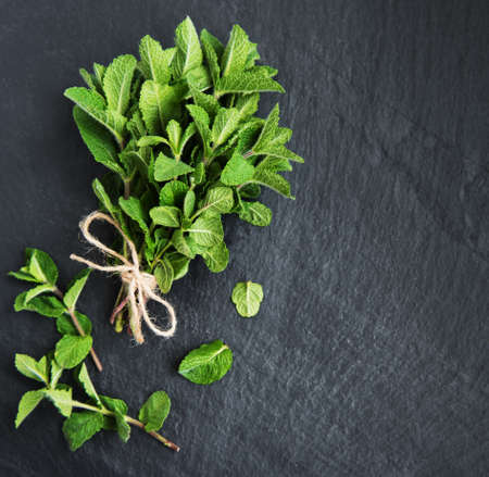 Fresh green mint on a black stone backgroundの写真素材