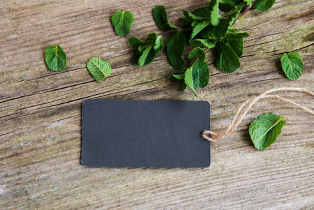 Green mint with old paper tag on a old wooden backgroundの写真素材