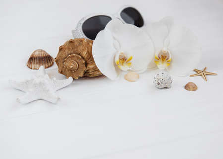 Shells, orchids and sunglasses on a white wooden backgroundの写真素材