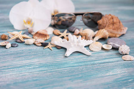 Shells and  sunglasses on a wooden backgroundの写真素材