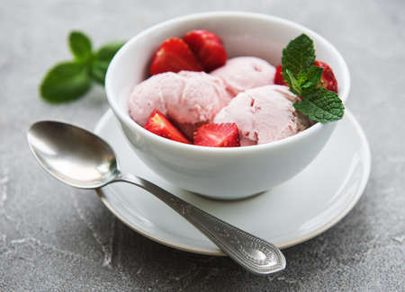 Strawberry ice cream  on a stone backgroundの写真素材