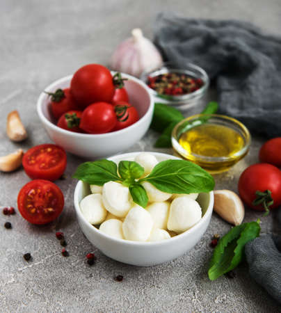 Italian food ingredients - mozzarella, basil, tomatoes and spicesの写真素材
