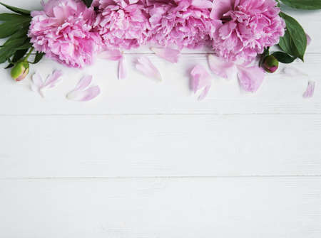 Pink peony flowers on a white wooden tableの写真素材