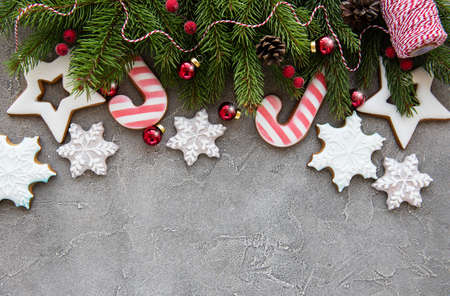 Christmas decoration with cookies on a concrete background