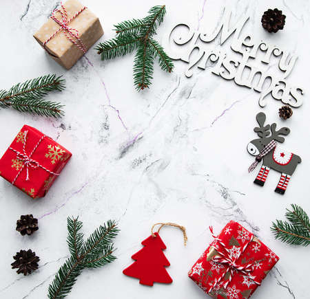 Christmas decorations on a white marble backgroundの写真素材
