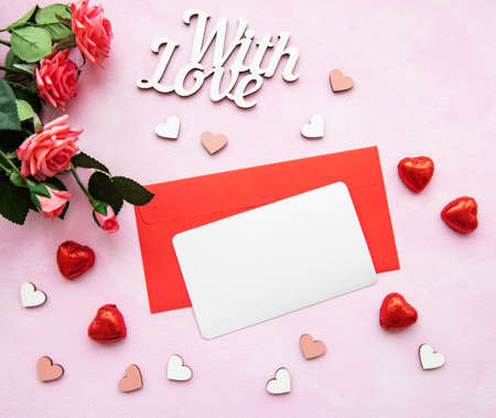 Valentines day romantic background -  greeting card, roses and   heartsの写真素材