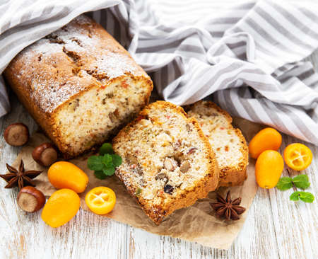 traditional homemade stollen with dried fruits and nutsの写真素材