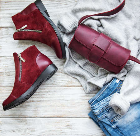 Womens clothing, leather bag , boots - flat layの写真素材