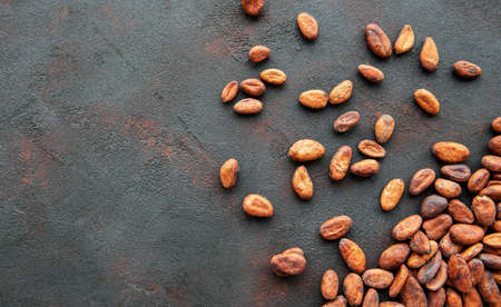 Raw cacao beans on a old black background