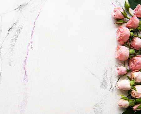 Frame with pink roses on a white marble backgroundの写真素材