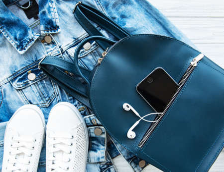 Blue womens leather backpack and womens clothing and accessoriesの写真素材