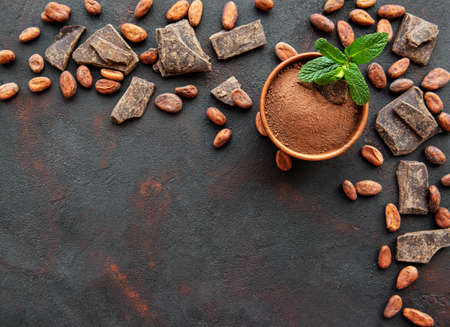 Natural  cocoa powder and cocoa beans  on a black backgroundの写真素材