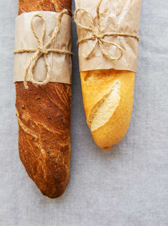 Freshly baked baguette bread - top viewの写真素材