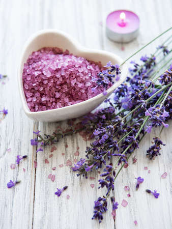 lavender flowers and lavender aromatic sea salt - natural skin care spaの写真素材